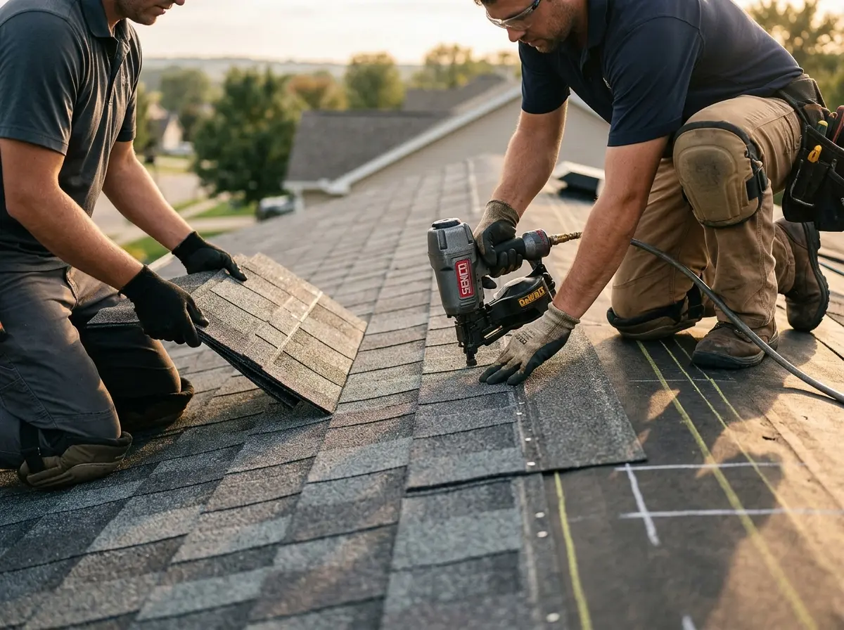 Professional roofer working on a residential roof in Monterey